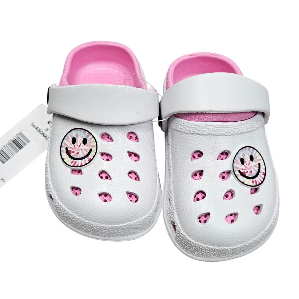 Seasonal Clogs Toddler Size 6 White‎ Pink Smiley Face Charm Slip On Summer Shoes